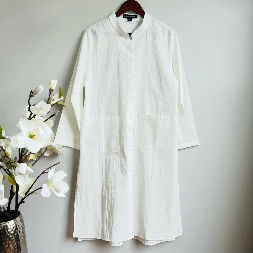 Eileen Fisher white longline mandarin collar cotton tunic - Picture 2 of 6